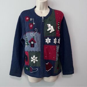 Croft & Barrow Festive Patchwork Zip-Up Sweater Size S